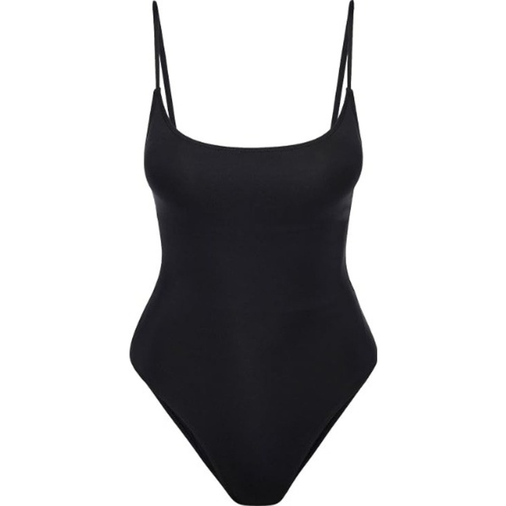Black One Piece Swimsuit High Cut Thong Bodysuit Adjustable Straps Medium
